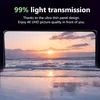 A marketing image showcasing a screen displaying a sunset over the ocean, with text overlay highlighting '99% light transmission' and '4K UHD picture quality'. Produktbild-Vorschau