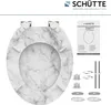 A marble-patterned toilet seat and its installation hardware are displayed on a white background, alongside product instructions. Náhled obrázku produktu