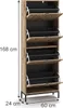A tall, narrow shoe cabinet with multiple flip-down drawers, shown in a neutral setting with dimensions indicated. Anteprima dell’immagine prodotto
