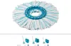 A close-up studio shot of a mop head with a blue plastic center, against a white background. Below the mop head are four smaller images of mop buckets with handles. Produktbild-Vorschau