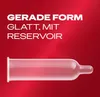 A condom is shown against a red background with text describing its features. Náhled obrázku produktu