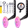 A set of bicycle training wheels with LED lights, a bell, and tools. Produktbild-Vorschau