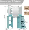 A diagram showing the dimensions of a makeup vanity and its components, with packaging boxes labeled 'Paket A Spiegel' and 'Paket B Tisch'. Voir les images du produit