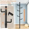 A close-up view of a black telescopic coat rack with adjustable hooks, alongside a full view of the assembled product. Produktbild-Vorschau