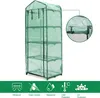 A green four-tier greenhouse with a transparent cover, shown against a white background. Icons representing windproof, insect control, waterproof, cold protection, and UV protection are displayed below. Voir les images du produit