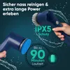 A hand holding a blue electric cleaning brush with water splashing around it, with text overlays highlighting features. Produktbild-Vorschau