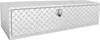 A silver aluminum diamond plate truck box with a lock is shown against a white background. Podgląd zdjęcia produktu