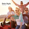 A group of friends taking a selfie in a red jeep during a road trip. Produktbild-Vorschau