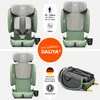 A collage of images showcasing a green and gray child car seat from different angles, along with marketing text and icons. Náhled obrázku produktu