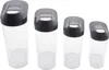 Four clear plastic storage containers with dark gray lids, arranged in a row from largest to smallest. Produktbild-Vorschau