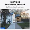 A split image showing a house with a driveway, with one side labeled '16MP' and the other 'Others'. Text above describes '16MP UHD Dual-Lens Ansicht' and 'Die feinsten Details festhalten'. Produktbild-Vorschau
