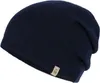 A dark blue beanie hat with a small tan tag on the side.
