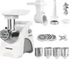 A white and silver meat grinder with various attachments, laid out on a white background. Produktbild-Vorschau