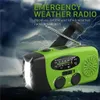 A green emergency weather radio with a flashlight is shown against a stormy, lightning-filled background. Produktbild-Vorschau