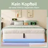 A bed without a headboard, featuring integrated LED lighting and charging ports, displayed in a bedroom setting. Produktbild-Vorschau
