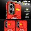 A close-up marketing image of a red phone case with a sliding camera cover and a ring stand, showing different angles and features. Produktbild-Vorschau