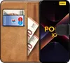 A brown leather flip case for a smartphone, with cards and banknotes inside. Náhľad obrázku produktu