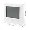 A white digital thermostat with an LCD screen and buttons is shown against a white background. Dimensions are indicated with measurement lines. Produktbild-Vorschau