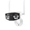 A white and black security camera with two lenses and two antennas is shown against a white background. Produktbild-Vorschau
