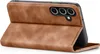 A brown leather flip case for a smartphone, shown open with the phone inside. Produktbild-Vorschau