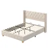A beige upholstered bed frame with a tufted headboard and a slatted mattress support system, shown against a white background. Produktbild-Vorschau