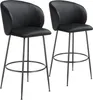 Two black bar stools are shown against a white background.