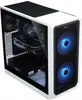A white and black gaming PC with blue LED fans, shown from a three-quarter angle. Produktbild-Vorschau