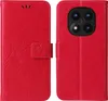 A red flip phone case with floral and butterfly embossing on the front cover and a camera cutout on the back. Produktbild-Vorschau