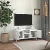 A white TV stand with a television mounted on the wall above it, in a living room setting. Podgląd zdjęcia produktu
