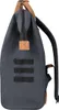 A side view of a dark gray backpack with brown leather accents. Produktbild-Vorschau