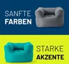 A split image showing two beanbag chairs in different colors with text overlays. Náhled obrázku produktu