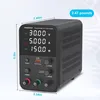 A black programmable DC power supply is shown from a front-side angle against a light gray background. Dimensions and weight are indicated with text overlays. Anteprima dell’immagine prodotto