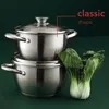 Two stainless steel pots are stacked, with a bunch of bok choy to the right. Text overlays "classic shape" pointing to the top pot. Náhled obrázku produktu