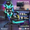 A promotional collage of a gaming chair with LED lights and massage features. Produktbild-Vorschau