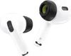 A pair of white wireless earbuds with black ear tips and green accents inside the ear tips, shown against a white background. Voir les images du produit