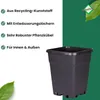 A black square planter pot is shown on a white and green background with text listing its features. Produktbild-Vorschau