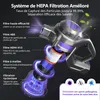 Diagram illustrating the multi-stage HEPA filtration system of a cordless vacuum cleaner, showing airflow and particle capture. Voir les images du produit