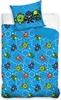 A folded duvet cover and pillowcase set with a blue background featuring cartoon characters. Produktbild-Vorschau