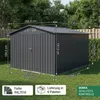A dark gray metal shed is shown in a garden setting with dimensions and delivery information overlaid. Produktbild-Vorschau