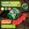 A garden seeder tool is shown on soil, with text overlays and icons. Produktbild-Vorschau