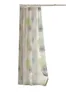 A sheer curtain with a printed pattern hangs from a curtain rod. Produktbild-Vorschau
