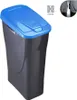 A gray recycling bin with a blue lid is shown against a white background. There are also two small inset images showing a detail of the lid mechanism and a logo with the word 'Connect'. Náhled obrázku produktu