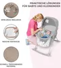 A woman is kneeling next to a baby bassinet, interacting with a baby inside. The image is split into sections highlighting product features. Produktbild-Vorschau
