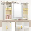 A white vanity cabinet with a mirror and shelves, displaying cosmetic products and showing how the shelves can be adjusted. Produktbild-Vorschau