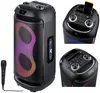 A collage of images showing a portable party speaker with a microphone and a smartphone in a holder. Produktbild-Vorschau