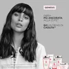 A woman with long dark hair and bangs is featured in a black and white portrait, with product bottles displayed in the lower right corner. Text overlays provide marketing information. Náhled obrázku produktu