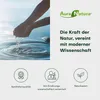 A person's hands cupping water, with brand logo and marketing text on the right, and three circular icons with text below. Produktbild-Vorschau