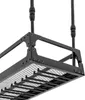 A close-up view of a black metal ceiling wine rack with a mesh shelf and hanging rods. Podgląd zdjęcia produktu