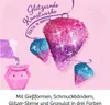 A marketing image showing glittery diamond-shaped ornaments being created with a glitter pouring kit. Náhľad obrázku produktu