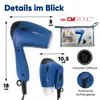 A collage of images showing a blue Clatronic hair dryer, its accessories, and dimensions. Anteprima dell’immagine prodotto